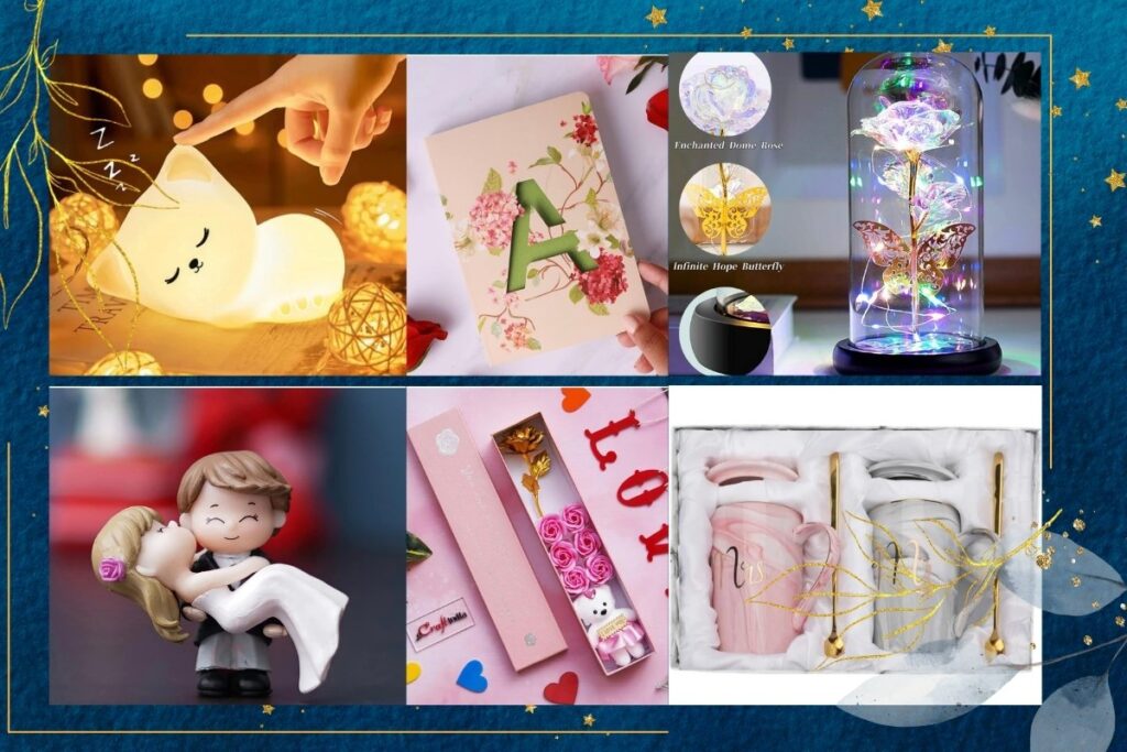 "Collage of unique and cute gift ideas including night light, floral notebook, glass dome light, romantic figurine, custom 3D lamp, and ceramic mugs — perfect for special occasions."
