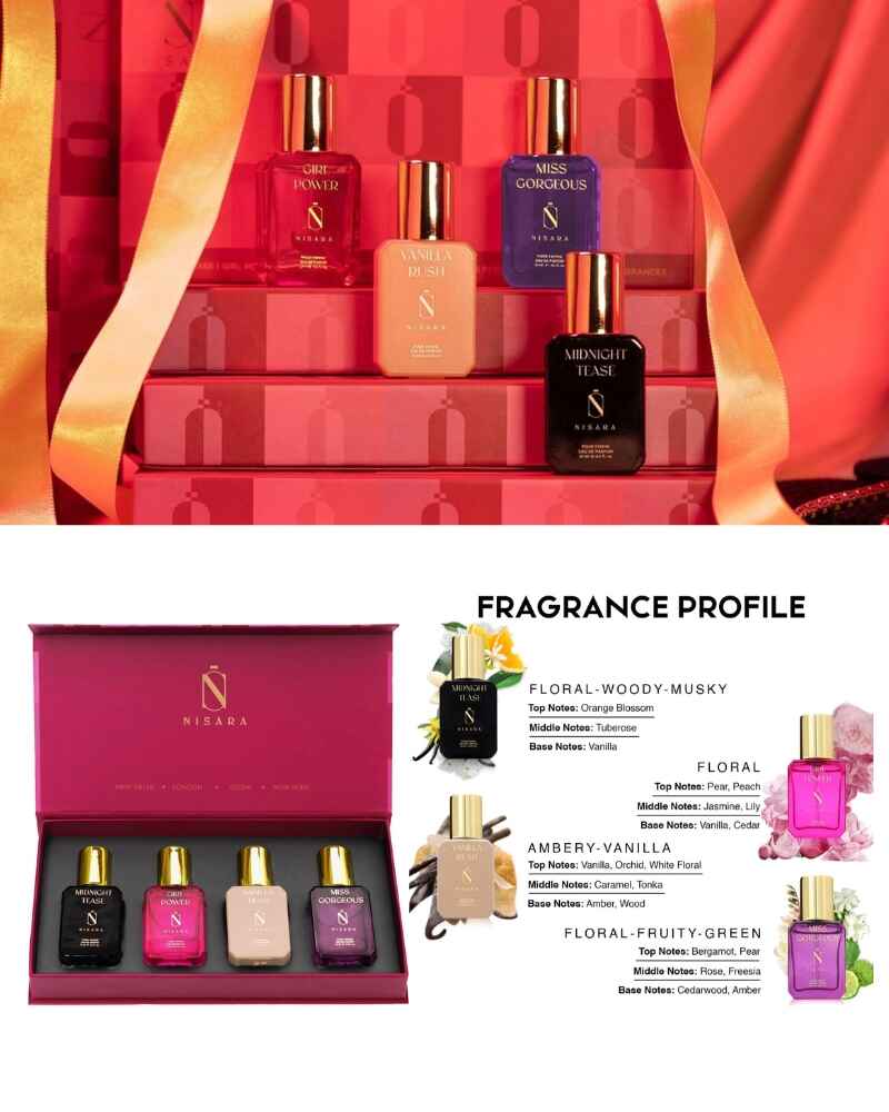 Nisara long lasting perfume gift set 4 bottles 60ml total - travel friendly fragrance gifts for women girlfriend wife