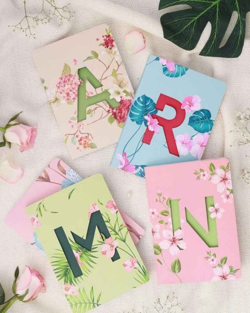 DOODLE initial A premium notebook diary girls women B6 ruled pages floral design personalized gift stationery