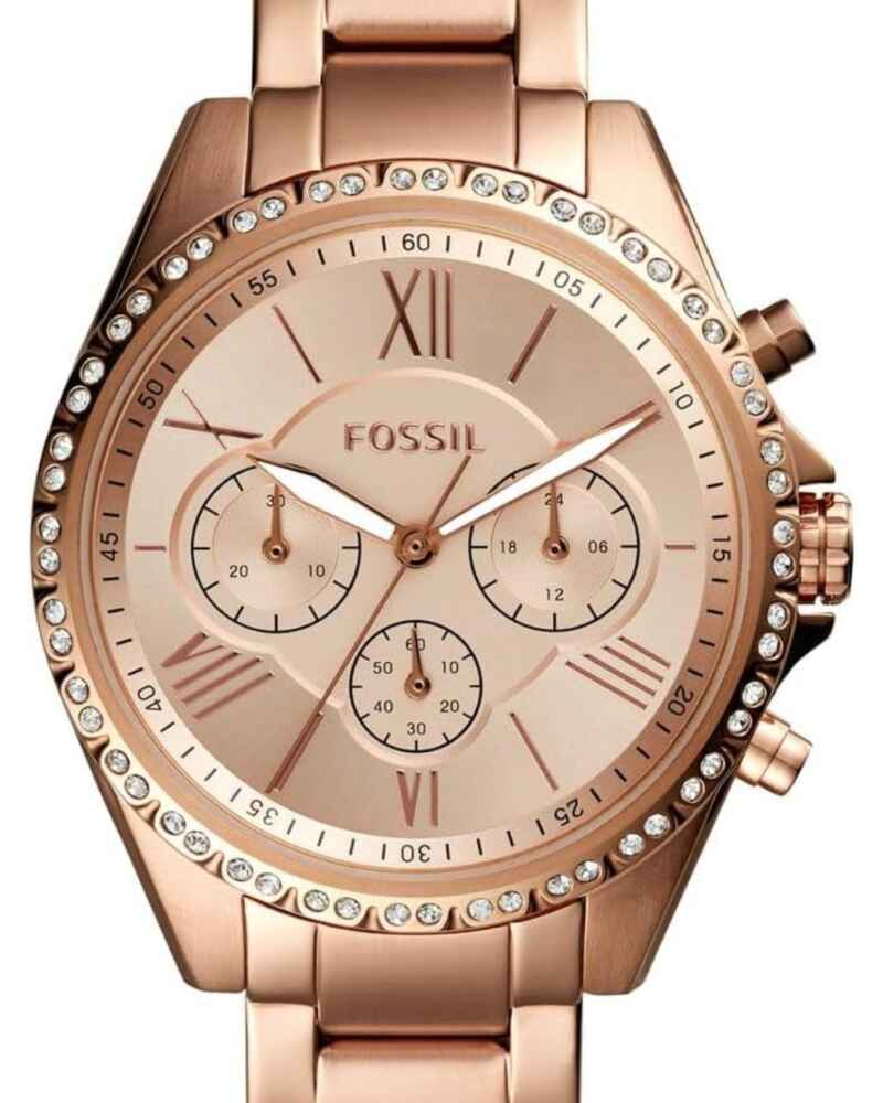 Fossil Modern Courier rose gold women watch BQ3377 crystal bezel Roman numerals analog timepiece gift for her